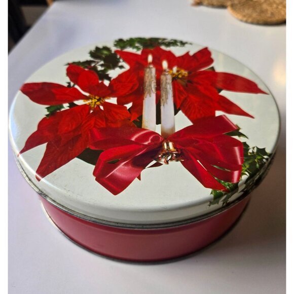 Vintage 1963 Fannie May Christmas Cookie Tin With Poinsettia & Candle Design 6" - Picture 2 of 8
